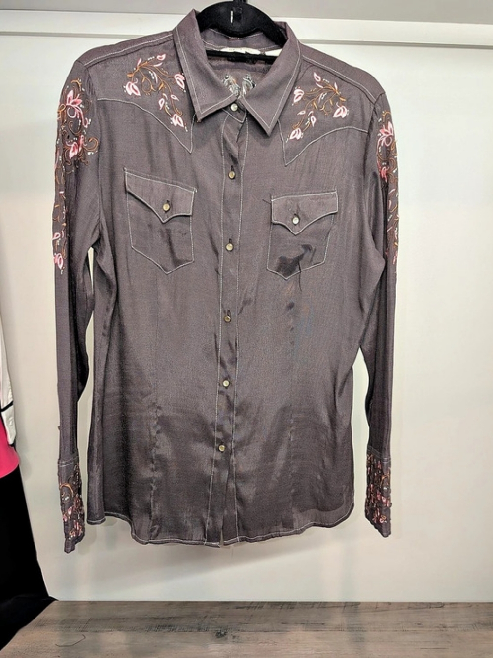 STETSON Embroidered Western Shirt Gray & Pink Large